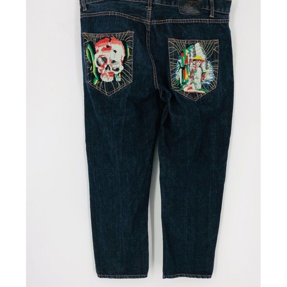 Ed Hardy Los Angeles Men's Blue High Rise Embroidered Straight Leg Jeans Size 40
